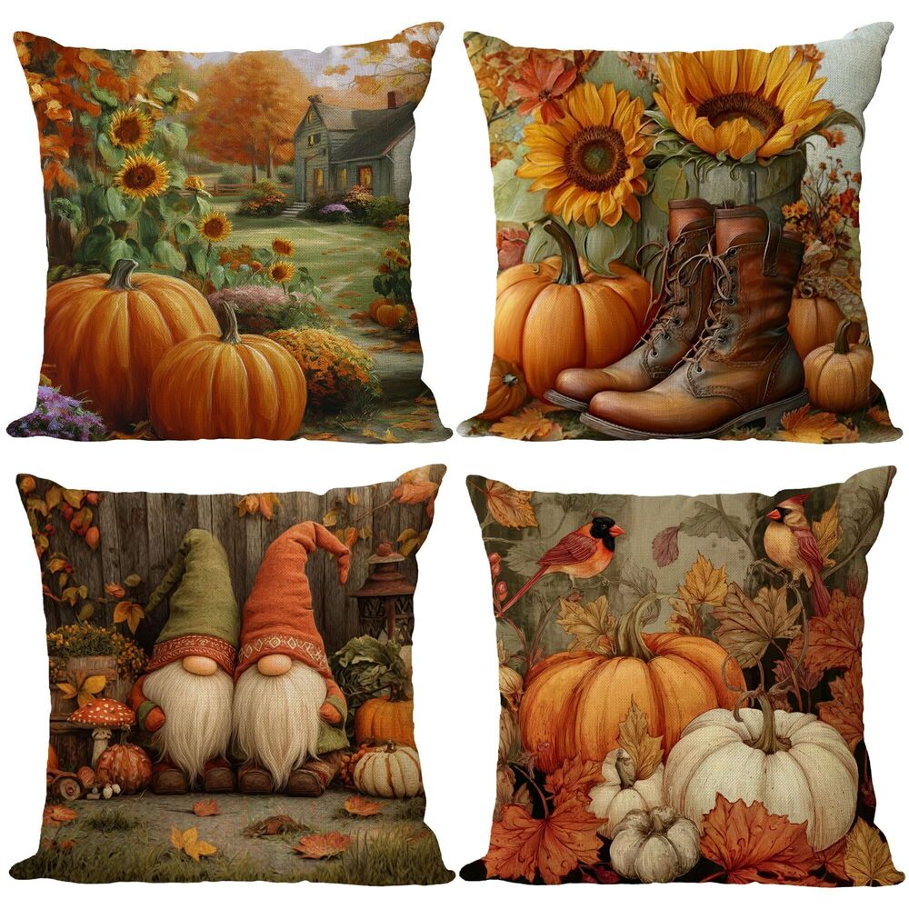5778 Fall Throw Pillow Covers 14x14 Set of 4 Thanksgiving Pumpkin Pillow